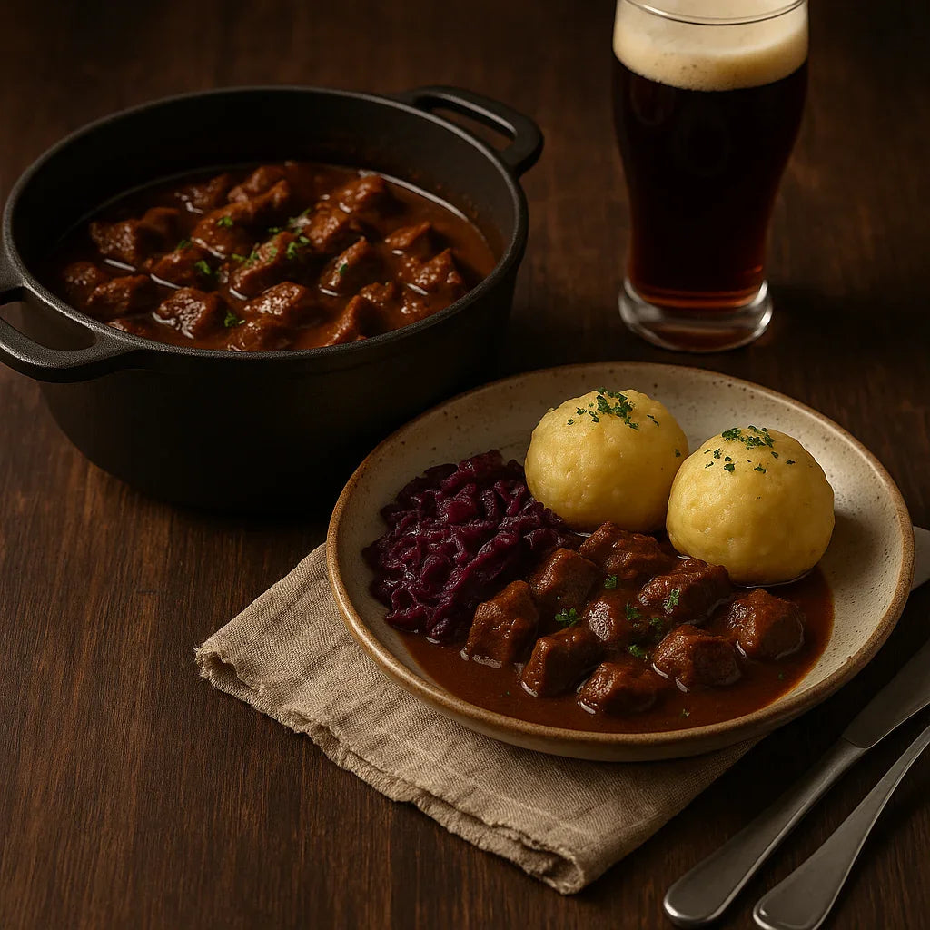 Wo finde ich ein gutes Rezept für Biergulasch mit Kloß und Blaukraut? - Kochschein