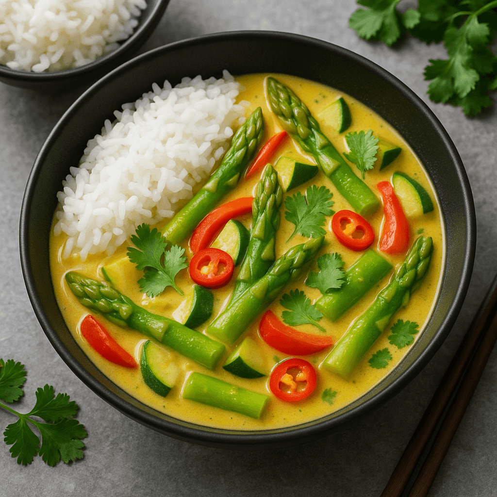 Spargel Curry mit Kokosmilch und Jasminreis - Kochschein