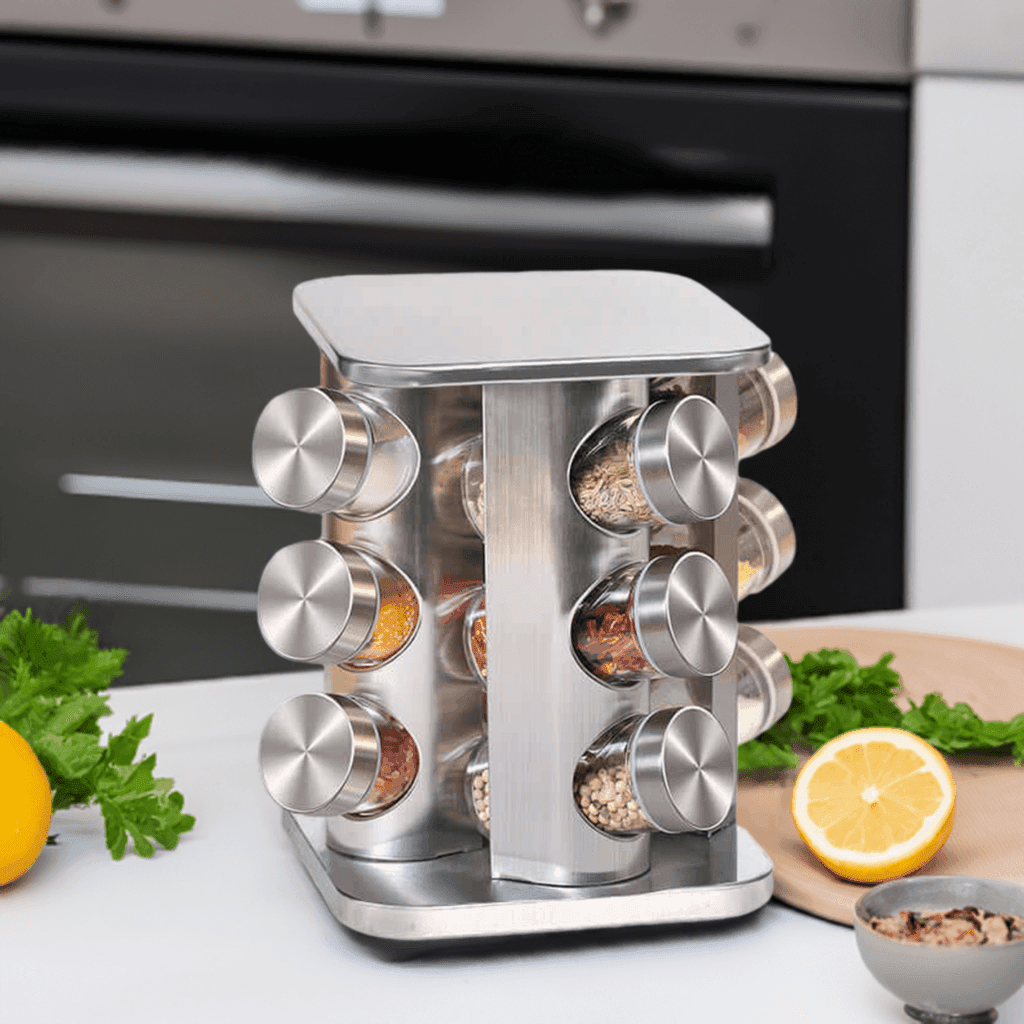 Edelstahl Drehgestell GewĂźrzständer Set Glas (versch. GrĂśĂen) â Kochschein