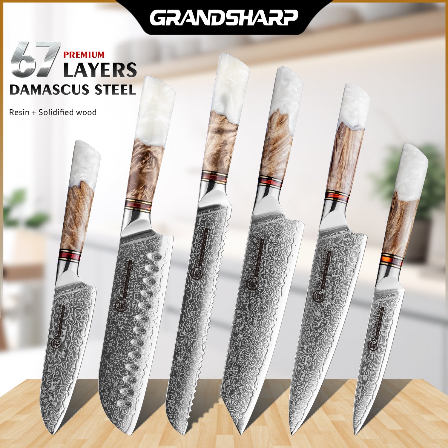 GRANDSHARP Japanisches 6-teiliges Damastmesser-Set WHITE STAR | 67-Lagen - Kochschein