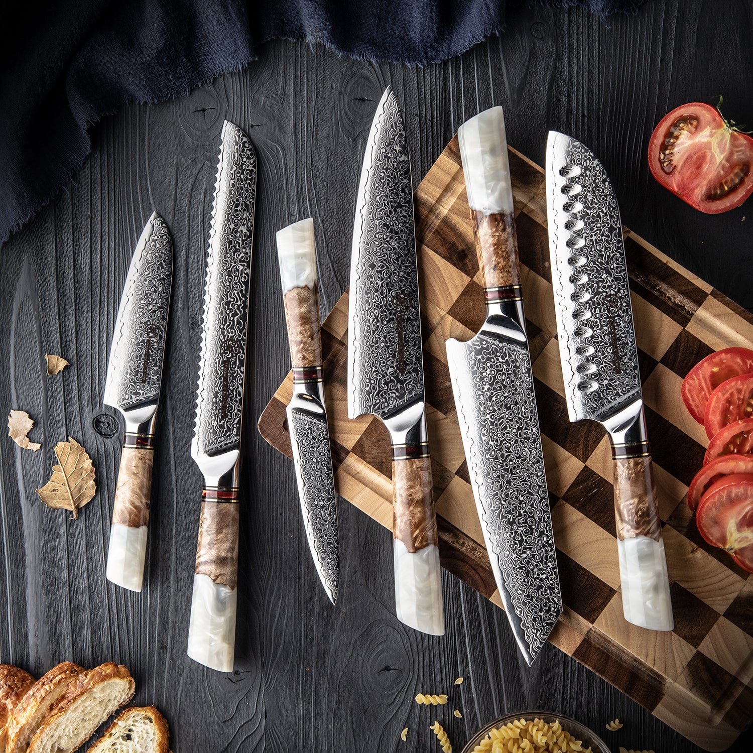 GRANDSHARP Japanisches 6-teiliges Damastmesser-Set WHITE STAR | 67-Lagen - Kochschein