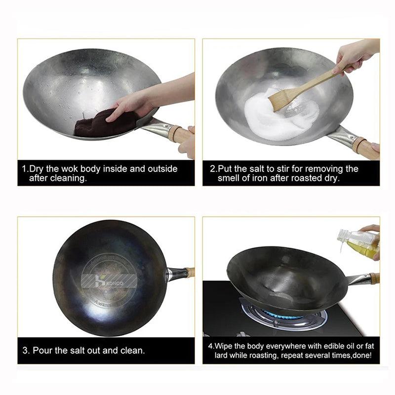 KONCO Traditioneller handgefertigter Wok mit Holzgriff (2 Größen) - Kochschein