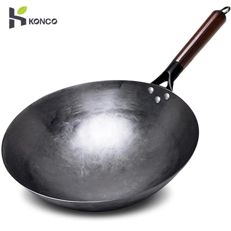 KONCO Traditioneller handgefertigter Wok mit Holzgriff (2 Größen) - Kochschein