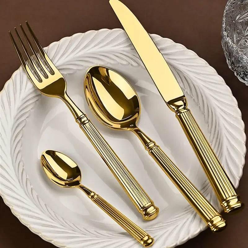 Luxuriöses Besteck Set mit Säulendesigngriff aus Edelstahl (Silber oder Gold) - Kochschein