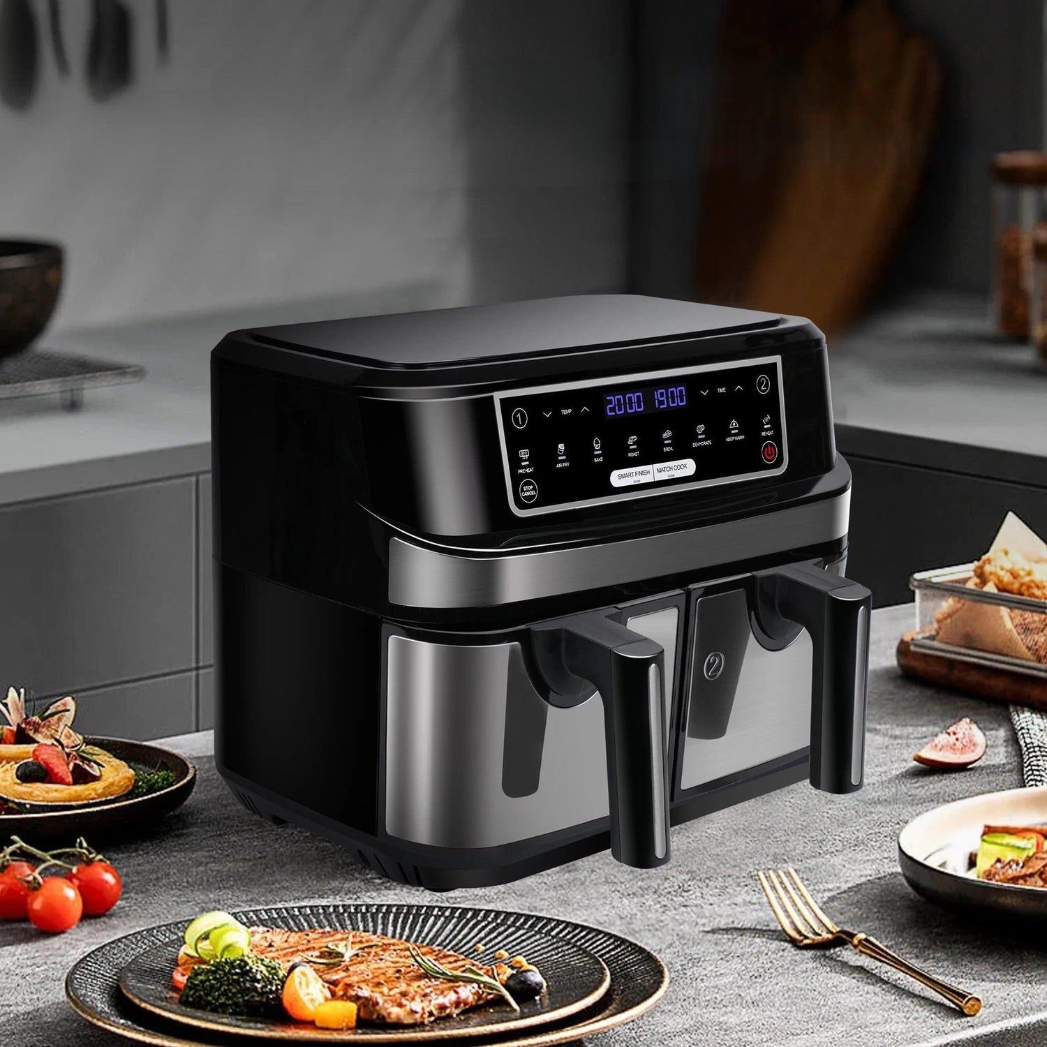 XXL Heißluftfritteuse 9L mit 2 Fächern - Doppelkammer - Kochschein