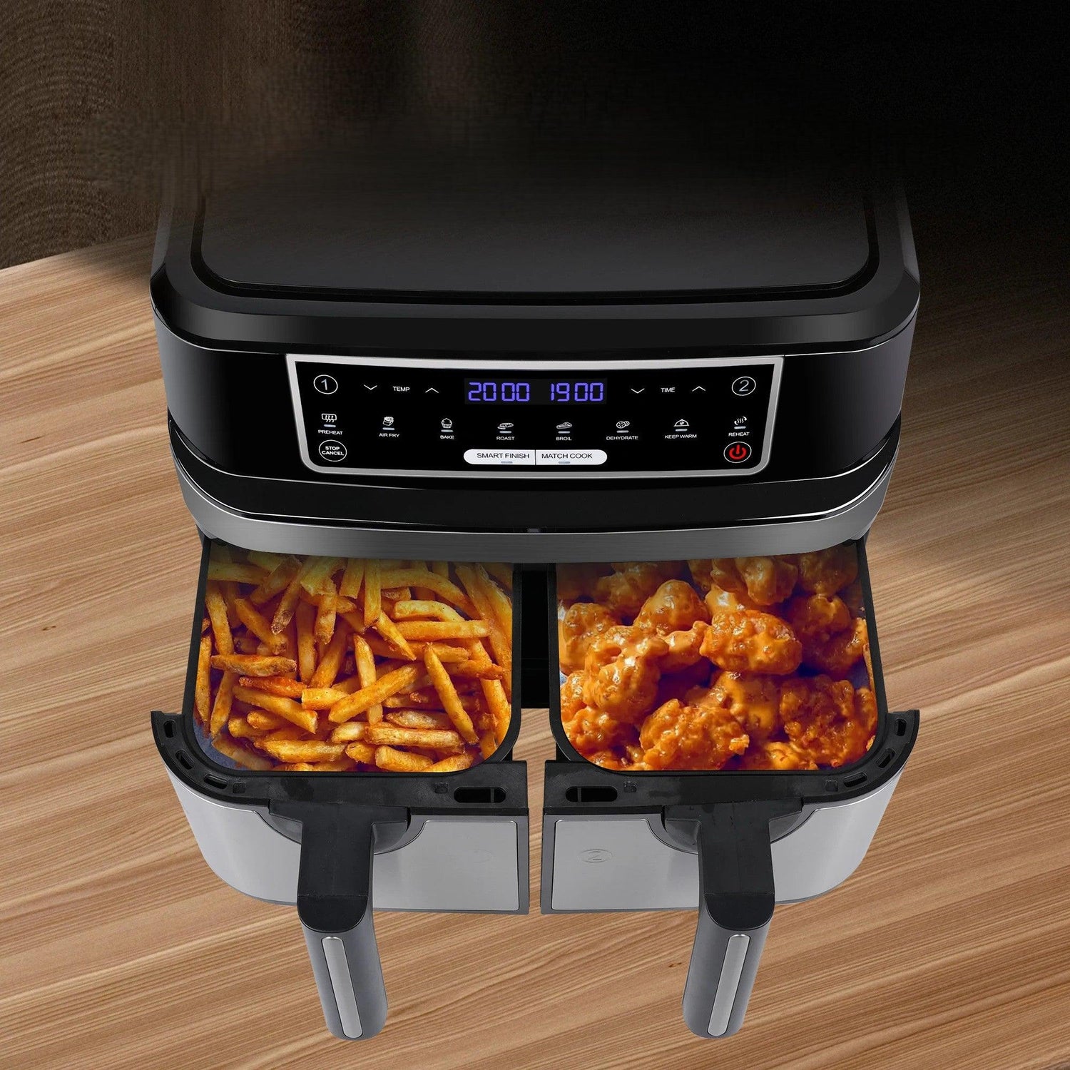 XXL Heißluftfritteuse 9L mit 2 Fächern - Doppelkammer - Kochschein