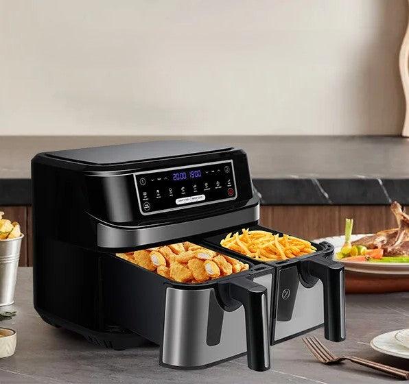 XXL Heißluftfritteuse 9L mit 2 Fächern - Doppelkammer - Kochschein