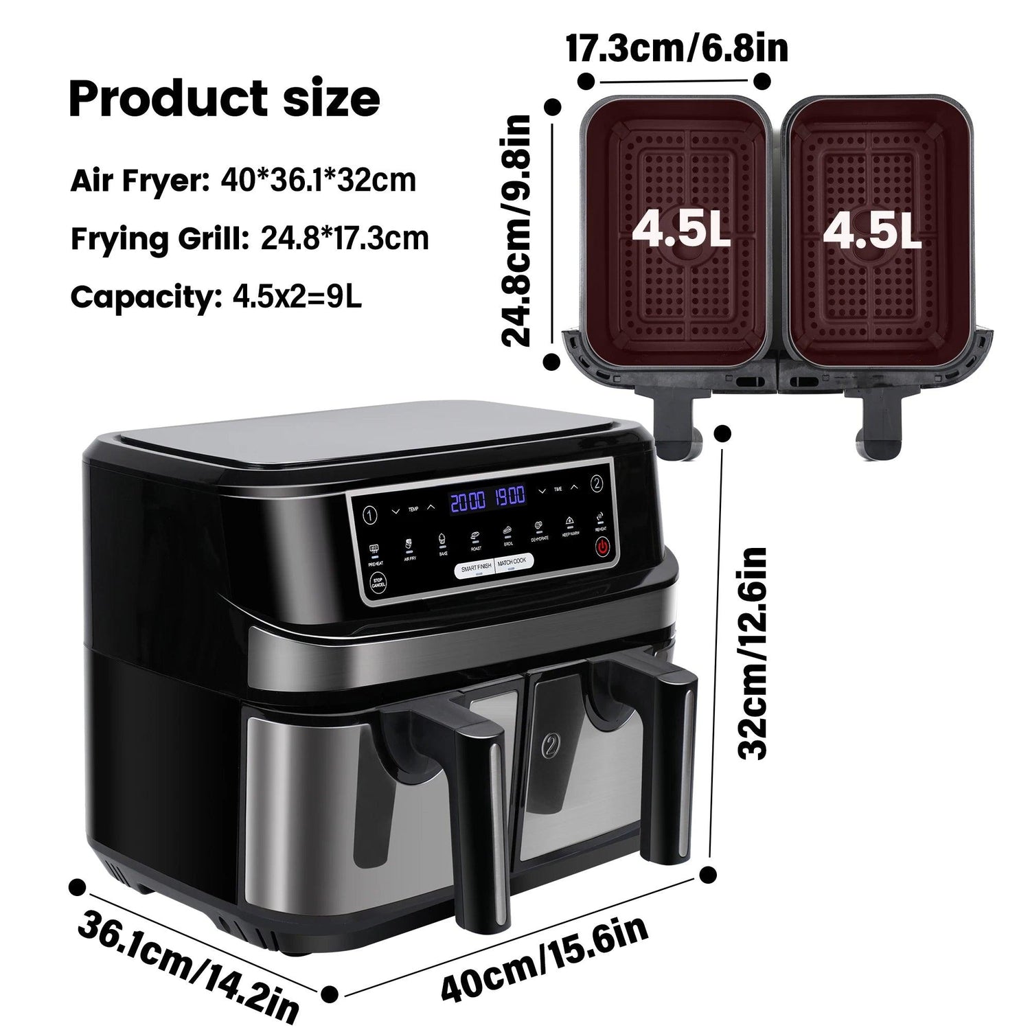 XXL Heißluftfritteuse 9L mit 2 Fächern - Doppelkammer - Kochschein