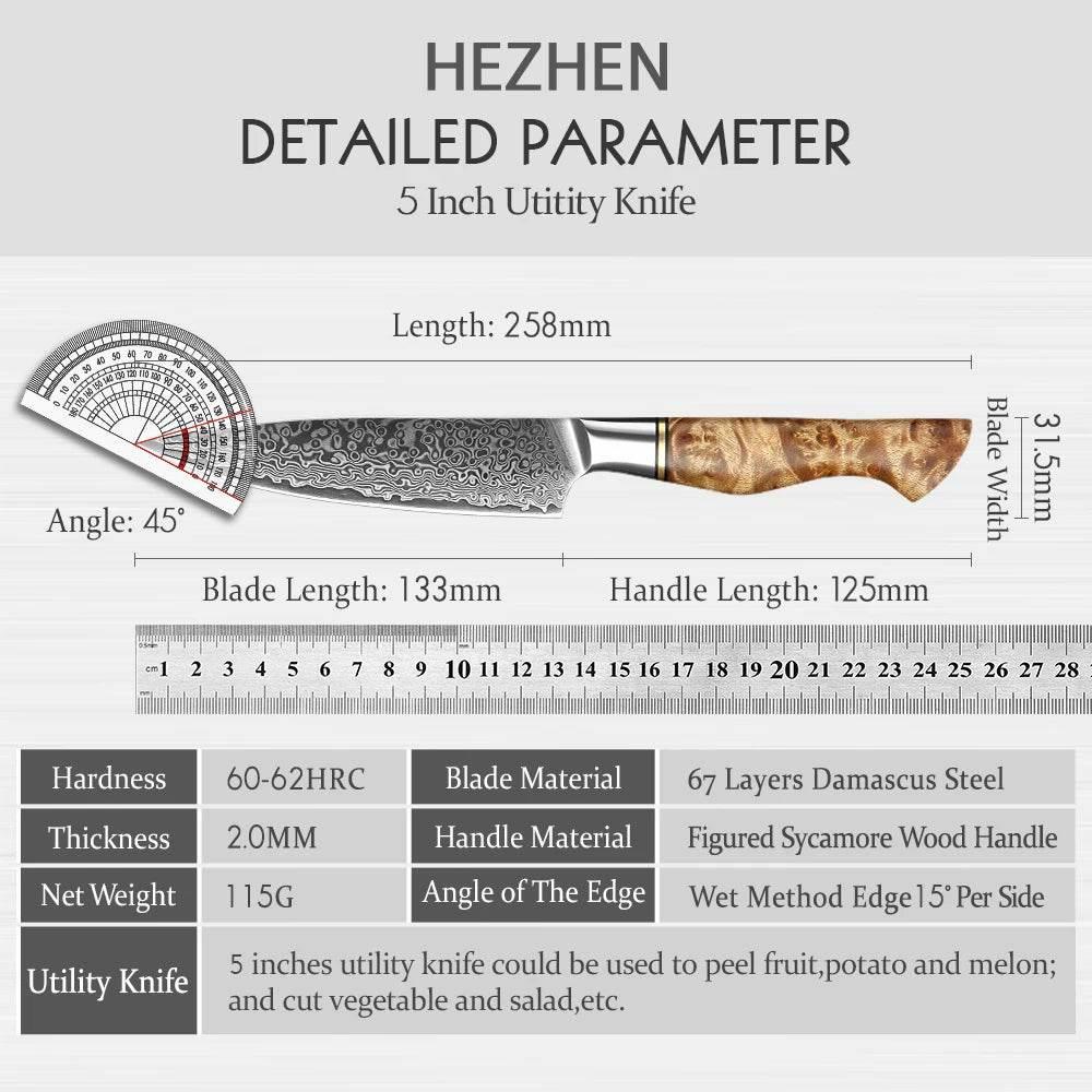 HEZHEN Utility Damastmesser - Master Series 5 Zoll | 67-Lagen - Kochschein