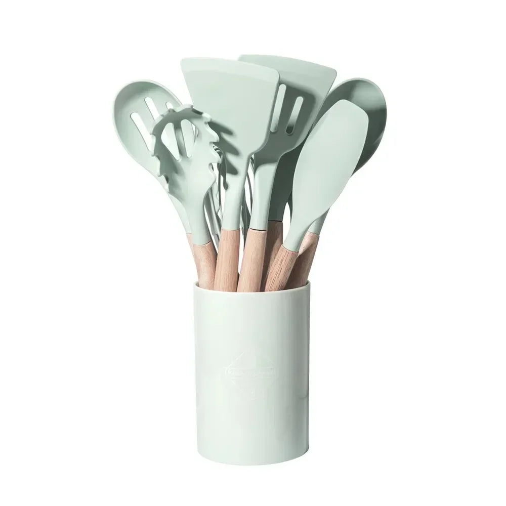 Silikon Küchenutensilien Set mit Holzgriffen in mintgrünem Halter, stilvolle Kochaccessoires
