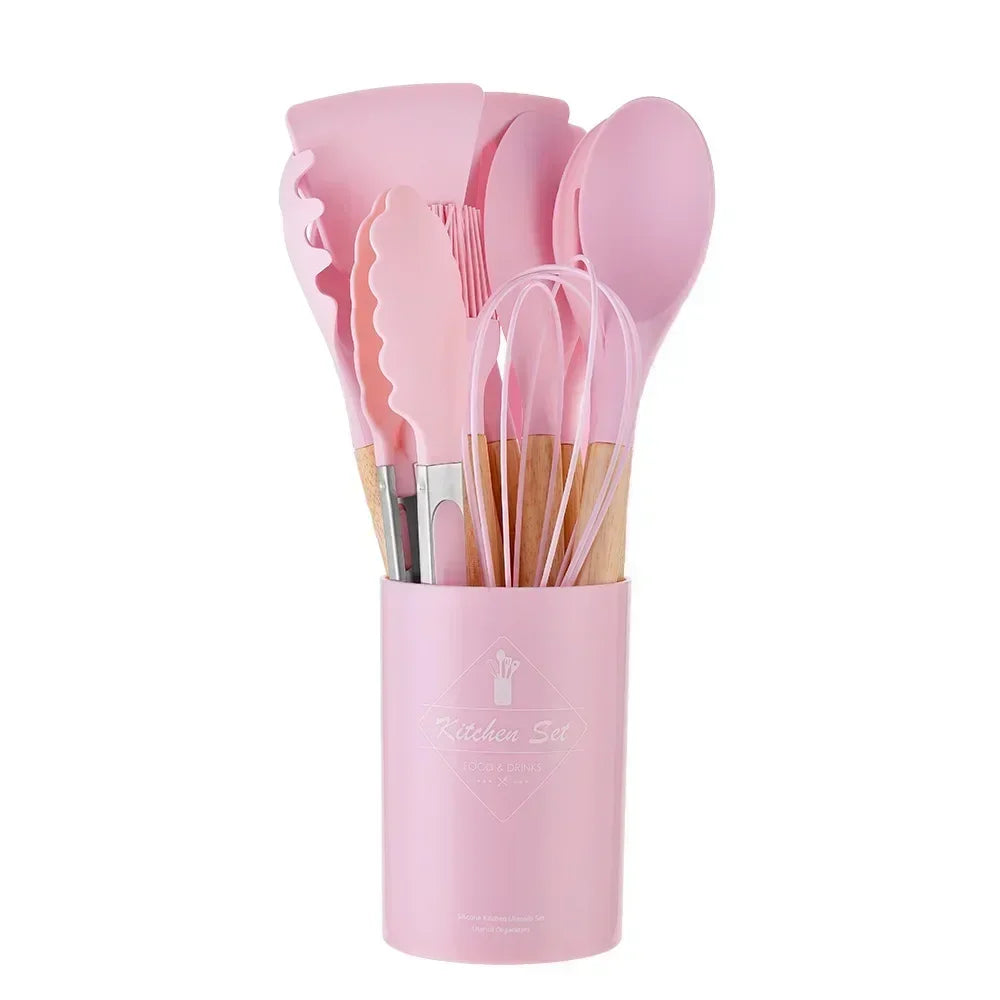 12-teiliges rosa Silikon-Küchenutensilien-Set mit Holzgriffen im Halter, stilvoll von Kochschein
