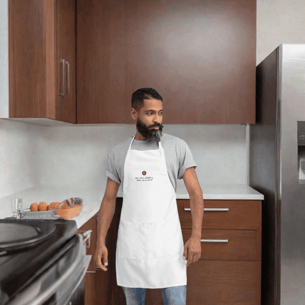 Weiße Kochschürze bestickt | Unisex - Kochen ist eine Kunst - Kochschein