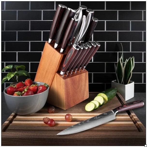XITUO Japanisches großes Küchenmesser Set - Braun - mit Messerblock aus Holz (15-teilig) - Kochschein