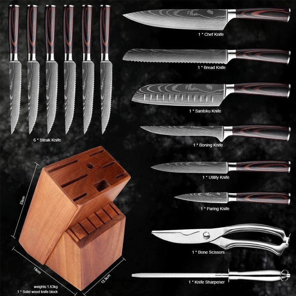 XITUO Japanisches großes Küchenmesser Set - Braun - mit Messerblock aus Holz (15-teilig) - Kochschein