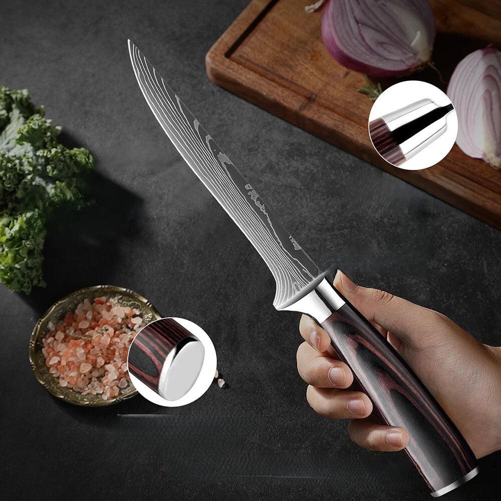 XITUO Japanisches großes Küchenmesser Set - Braun - mit Messerblock aus Holz (15-teilig) - Kochschein