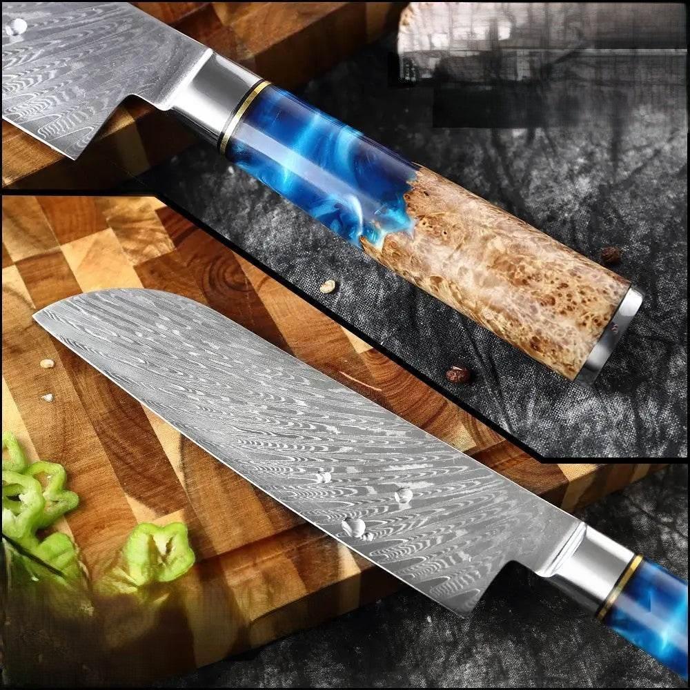 XITUO Santoku Küchenmesser aus VG10 Stahl mit blau-braunen Harzgriff - Kochschein