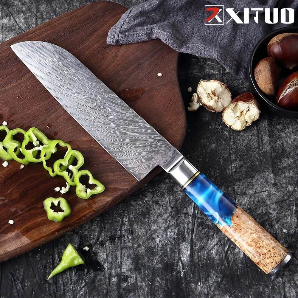 XITUO Santoku Küchenmesser aus VG10 Stahl mit blau-braunen Harzgriff - Kochschein