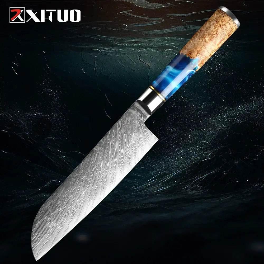 XITUO Santoku Küchenmesser aus VG10 Stahl mit blau-braunen Harzgriff - Kochschein