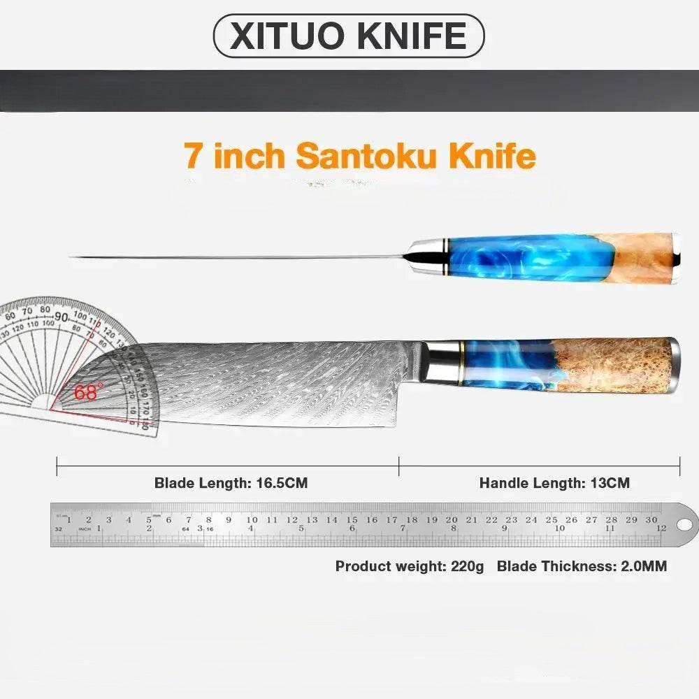XITUO Santoku Küchenmesser aus VG10 Stahl mit blau-braunen Harzgriff - Kochschein