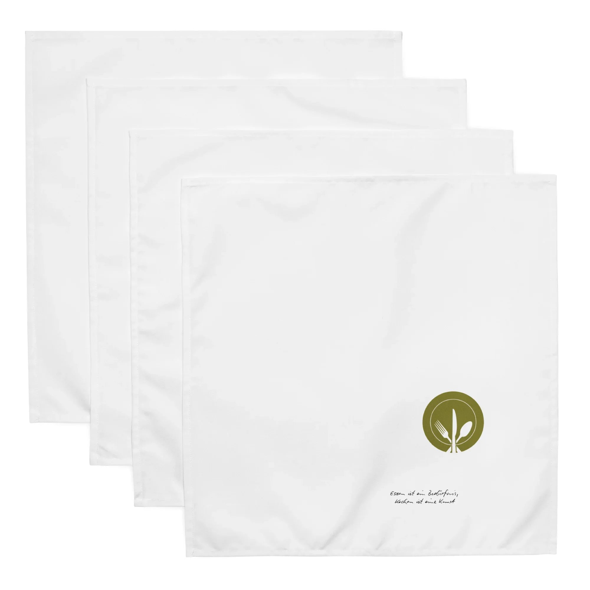 Set aus vier weißen Stoffservietten mit dezentem grünem Besteck-Motiv, stilvolle Küchendeko