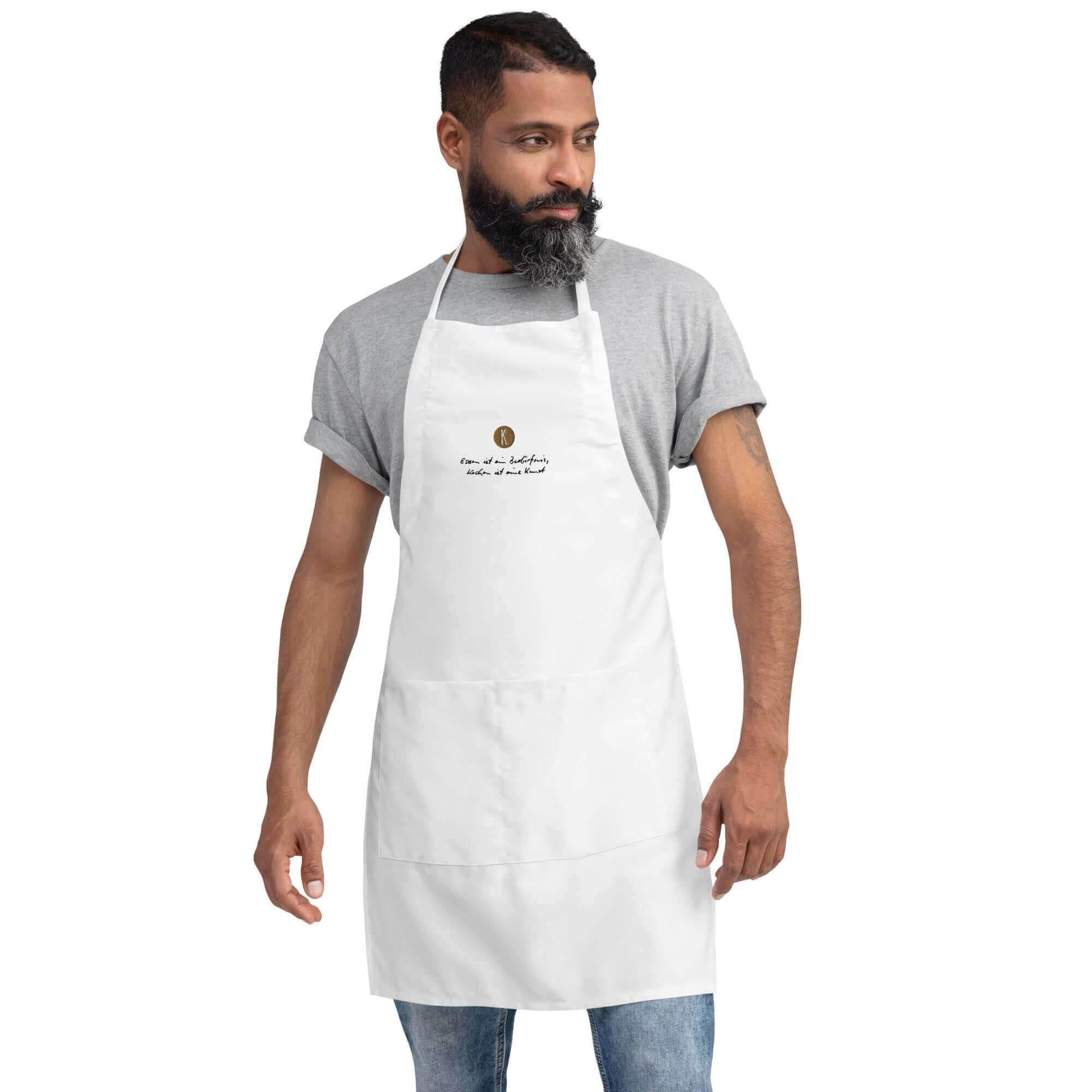Weiße Kochschürze bestickt | Unisex - Kochen ist eine Kunst - Kochschein