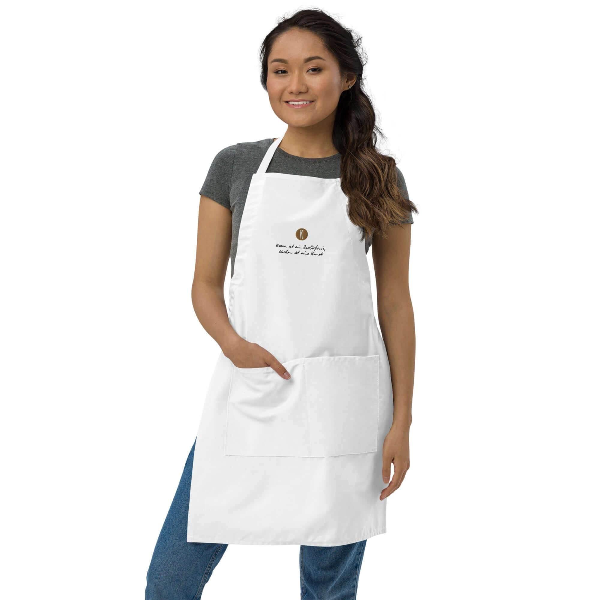 Weiße Kochschürze bestickt | Unisex - Kochen ist eine Kunst - Kochschein