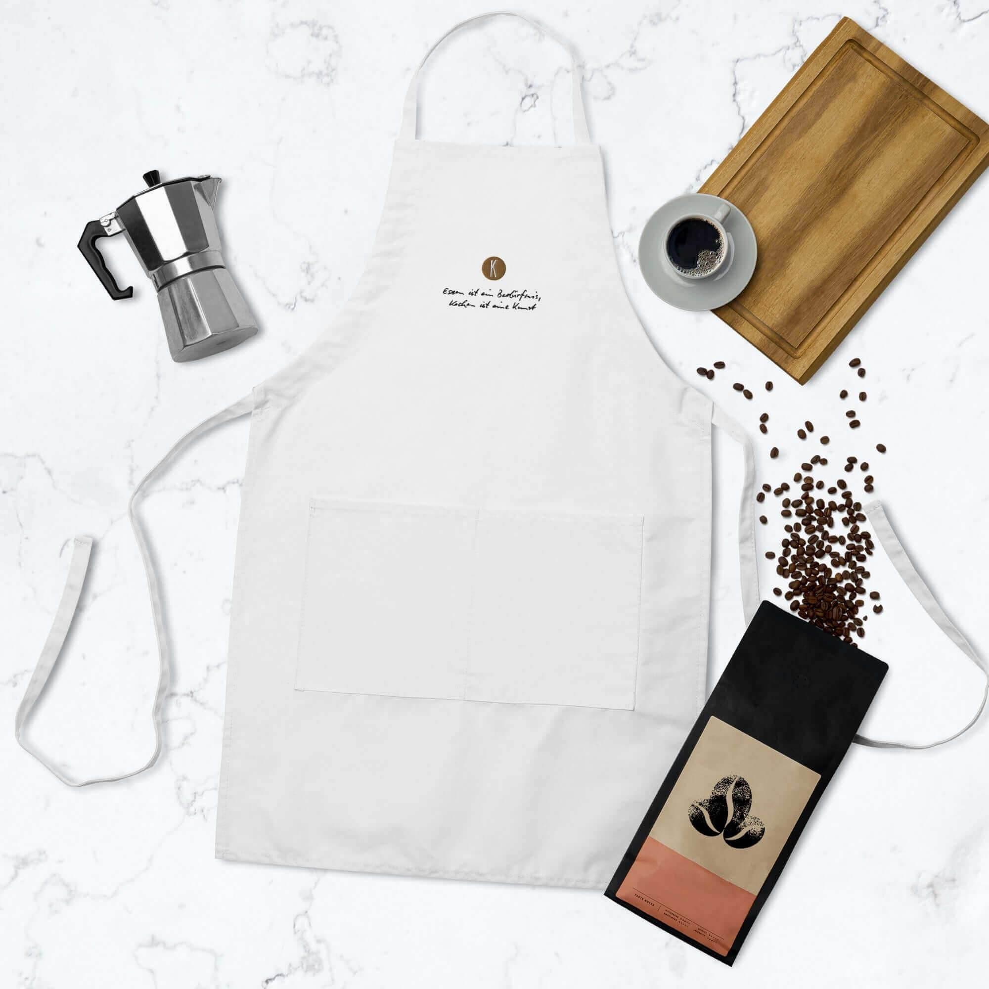 Weiße Kochschürze bestickt | Unisex - Kochen ist eine Kunst - Kochschein