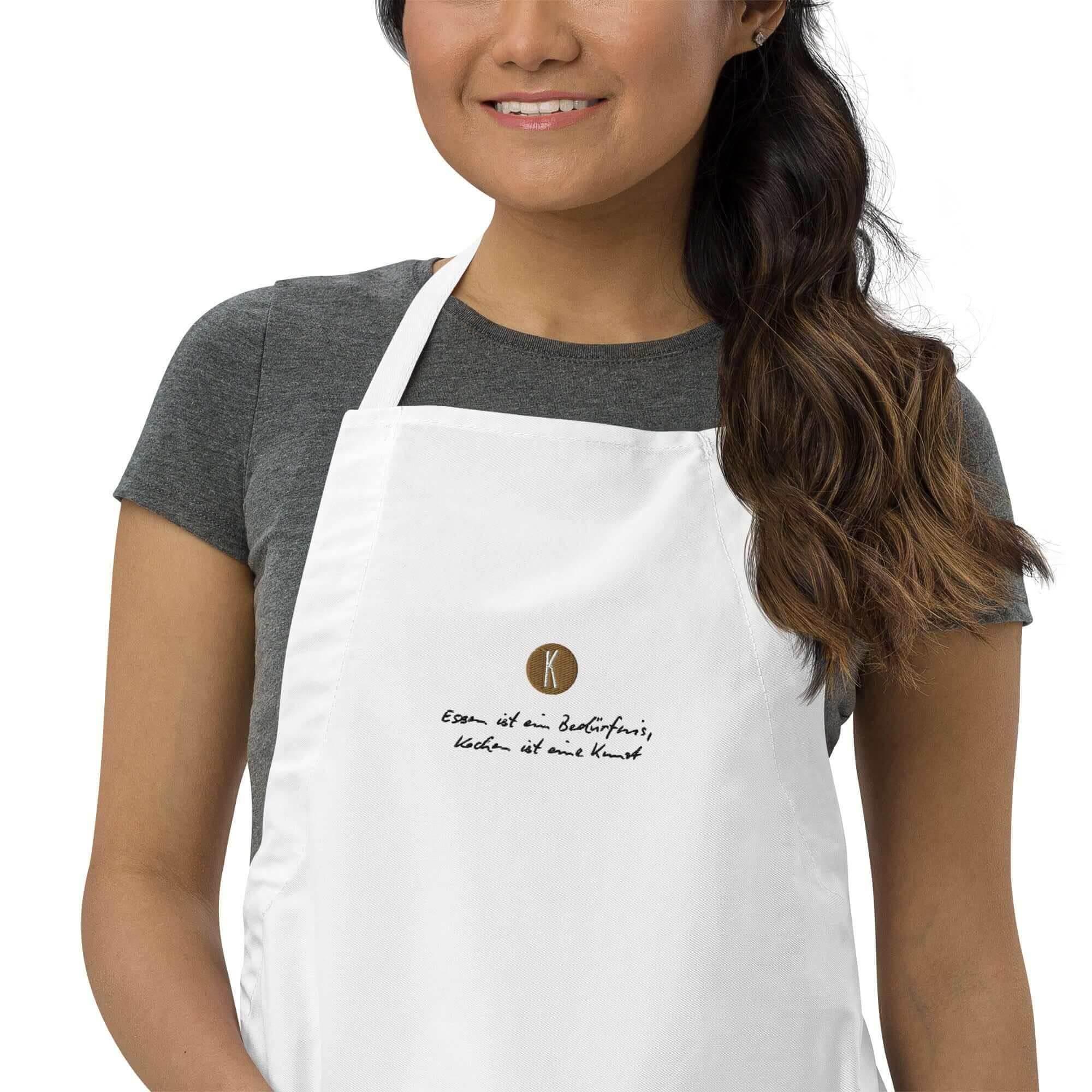 Weiße Kochschürze bestickt | Unisex - Kochen ist eine Kunst - Kochschein