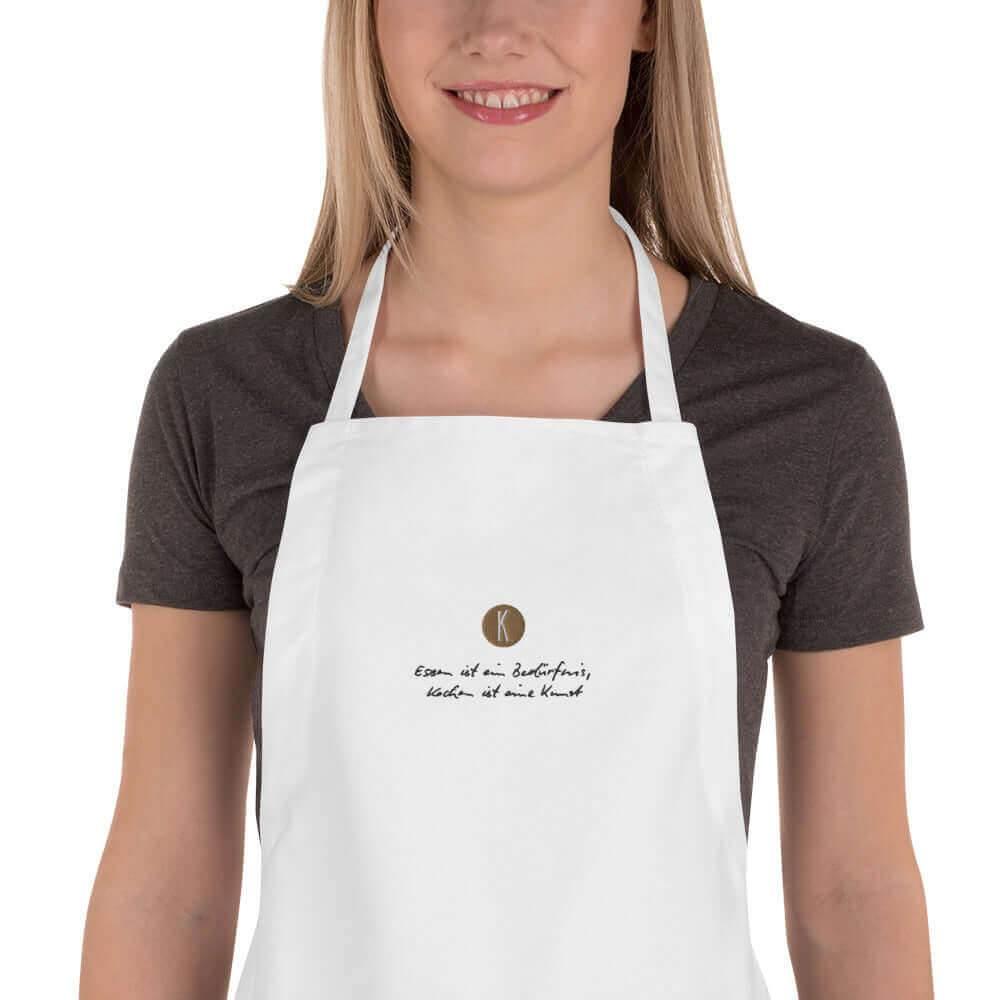 Weiße Kochschürze bestickt | Unisex - Kochen ist eine Kunst - Kochschein