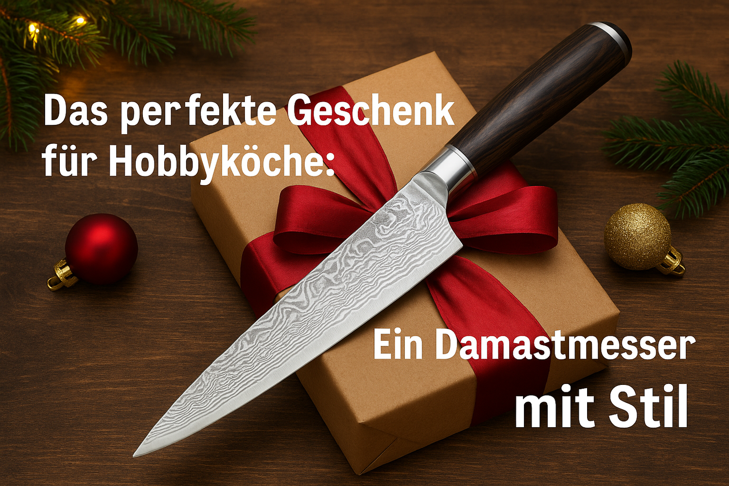 Damastmesser als Geschenkidee auf Geschenkbox mit roter Schleife, weihnachtliche Dekoration