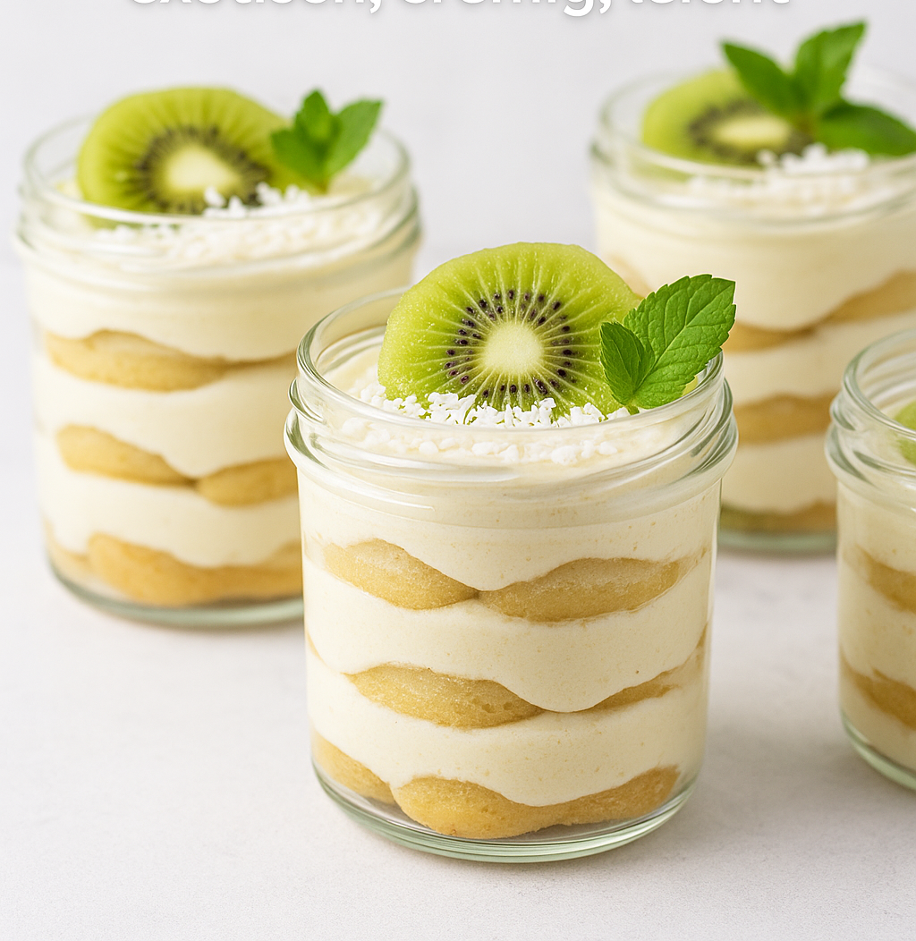 Kiwi coconut tiramisu in glass jars, layered with cream and ladyfingers, topped with kiwi slice and mint
