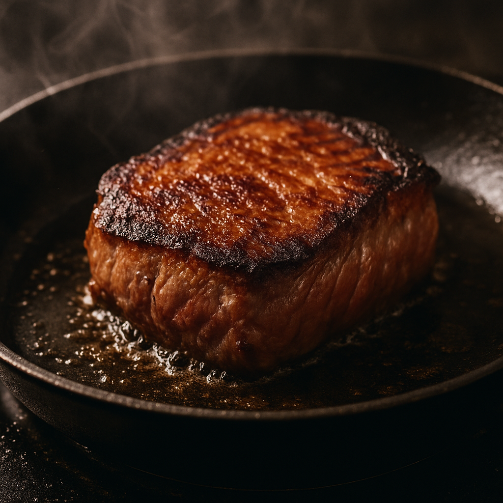 Saftiges, gebratenes Steak in schwarzer Pfanne, Hobbykoch, Fleisch, Küche