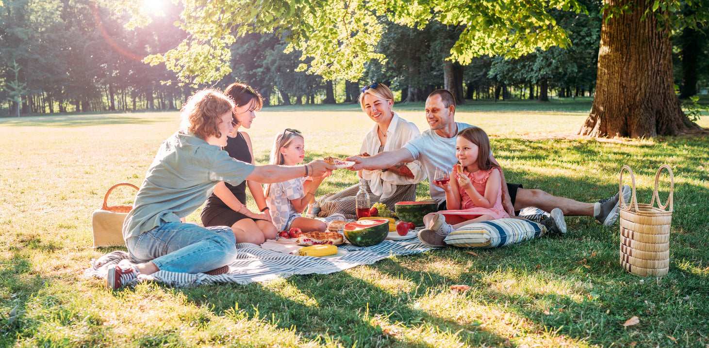 Familie beim Picknick mit Sommergeschirr
