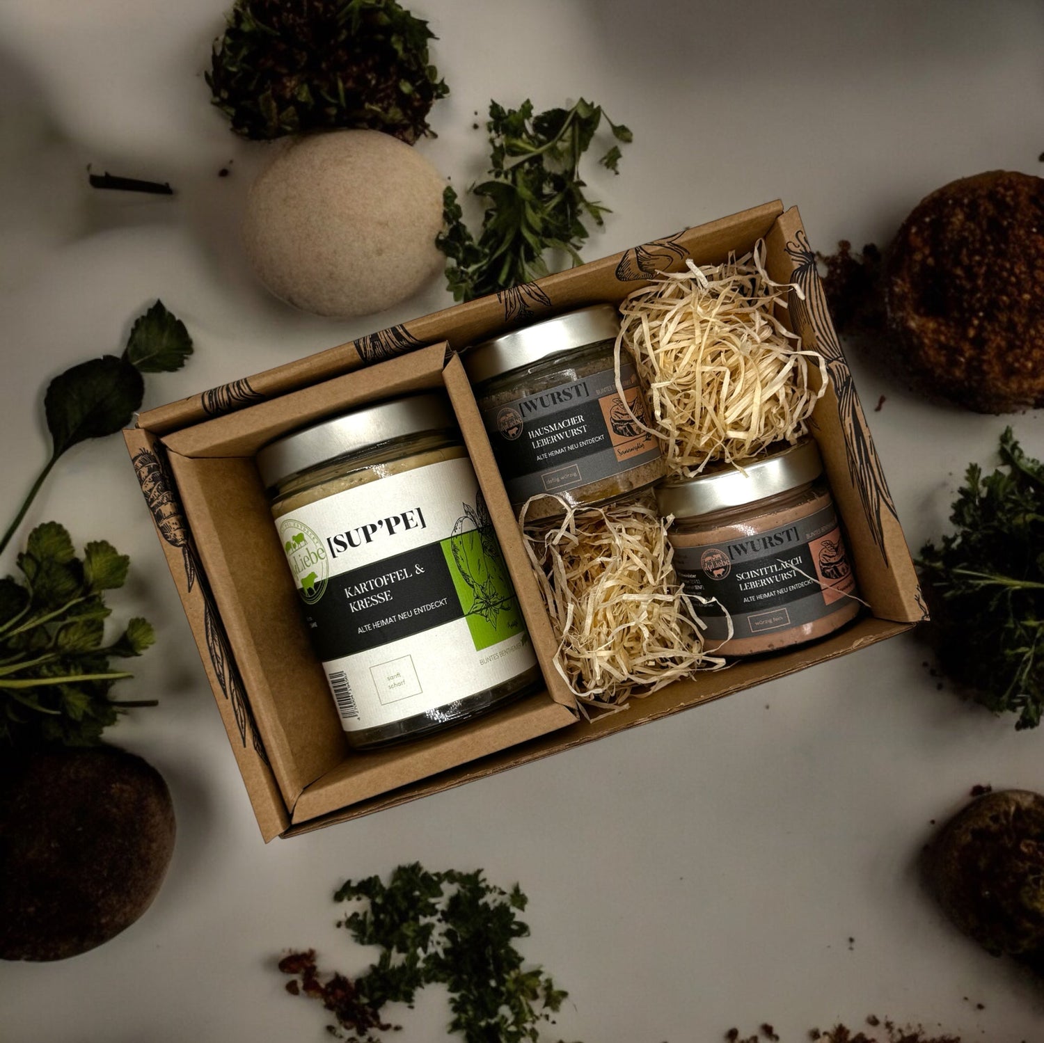 Kleine Genussbox mit Suppe und Leberwurst - Kochschein