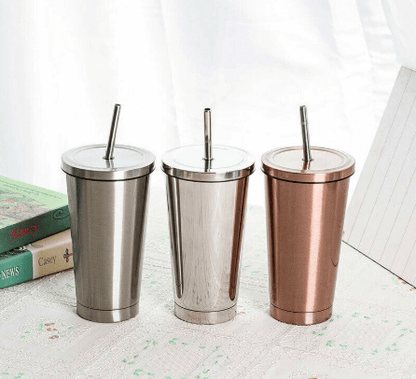 Edelstahl Trinkbecher Kaffeebecher mit Deckel und Strohhalm nur €19.90