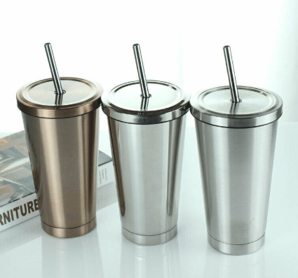 Edelstahl Trinkbecher Kaffeebecher mit Deckel und Strohhalm nur €19.90