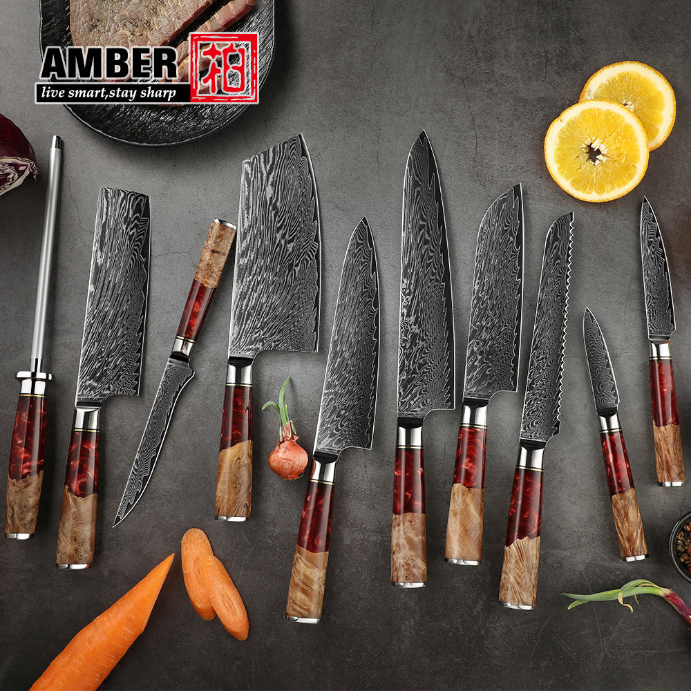 AMBER Japanisches Kochmesser-Set, Schwarzer San Mai VG10 Stahl, in Geschenkbox (verschiedene Sets) - Kochschein