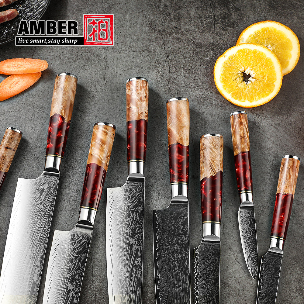 AMBER Japanisches Kochmesser-Set, Schwarzer San Mai VG10 Stahl, in Geschenkbox (verschiedene Sets) - Kochschein