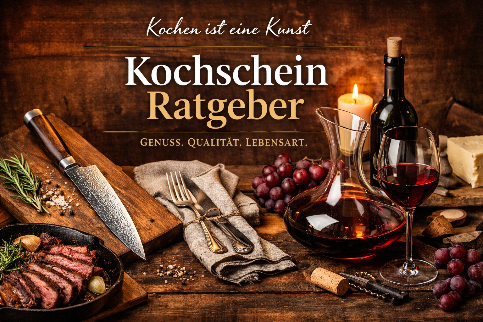 Edles Kochmesser, gebratenes Steak, Rotwein, Trauben und Käse auf rustikalem Holztisch, stilvolle Küchendeko
