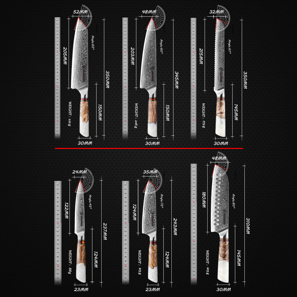 GRANDSHARP Japanisches 6-teiliges Damastmesser-Set WHITE STAR | 67-Lagen - Kochschein