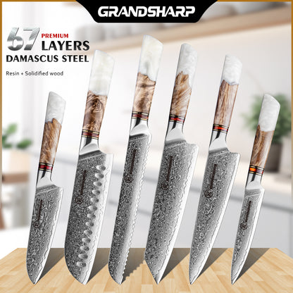 GRANDSHARP Japanisches 6-teiliges Damastmesser-Set WHITE STAR | 67-Lagen - Kochschein