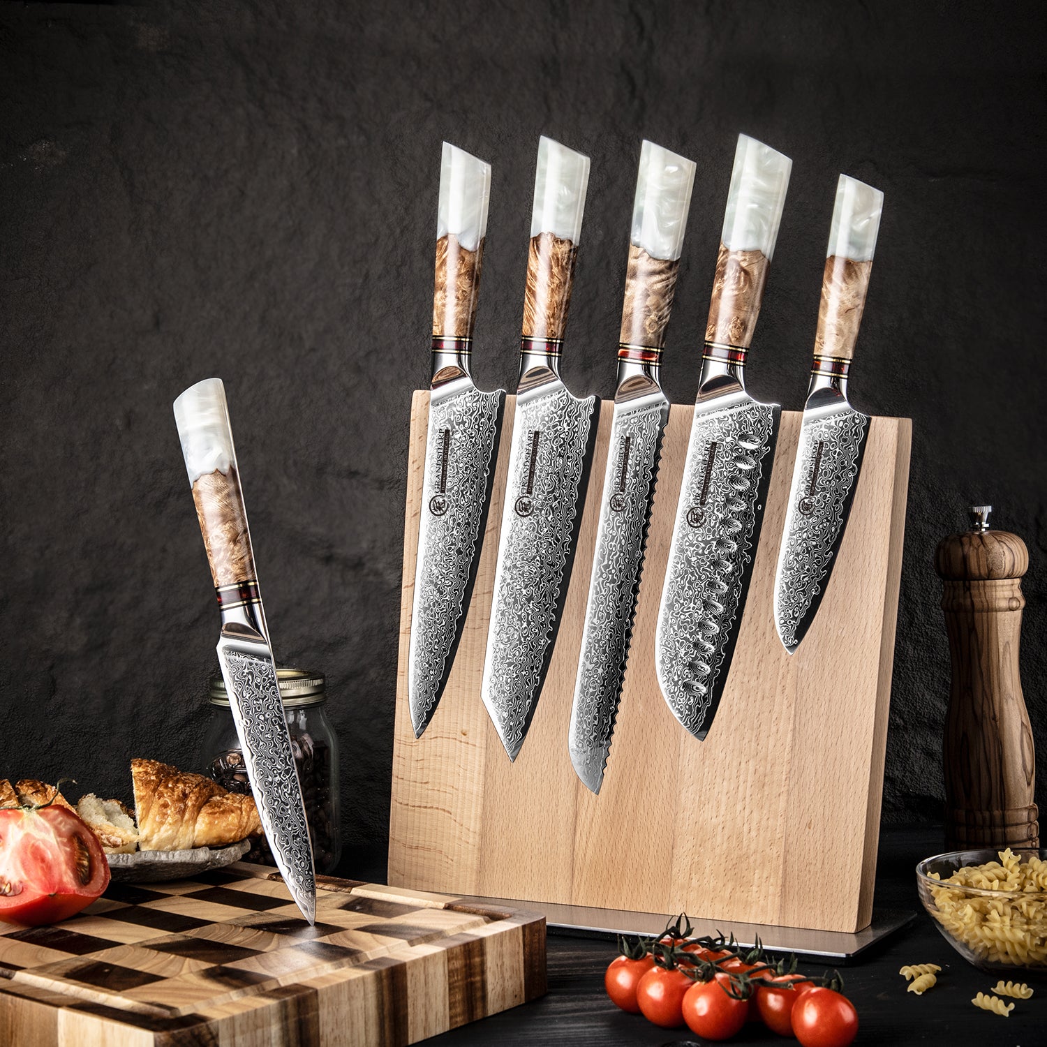 GRANDSHARP Japanisches 6-teiliges Damastmesser-Set WHITE STAR | 67-Lagen - Kochschein