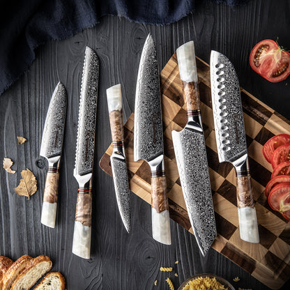 GRANDSHARP Japanisches 6-teiliges Damastmesser-Set WHITE STAR | 67-Lagen - Kochschein