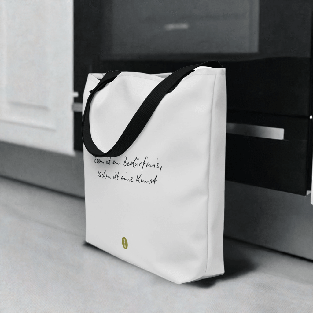 Große weiße Einkaufstasche - bedruckt | Kochen ist eine Kunst - Kochschein