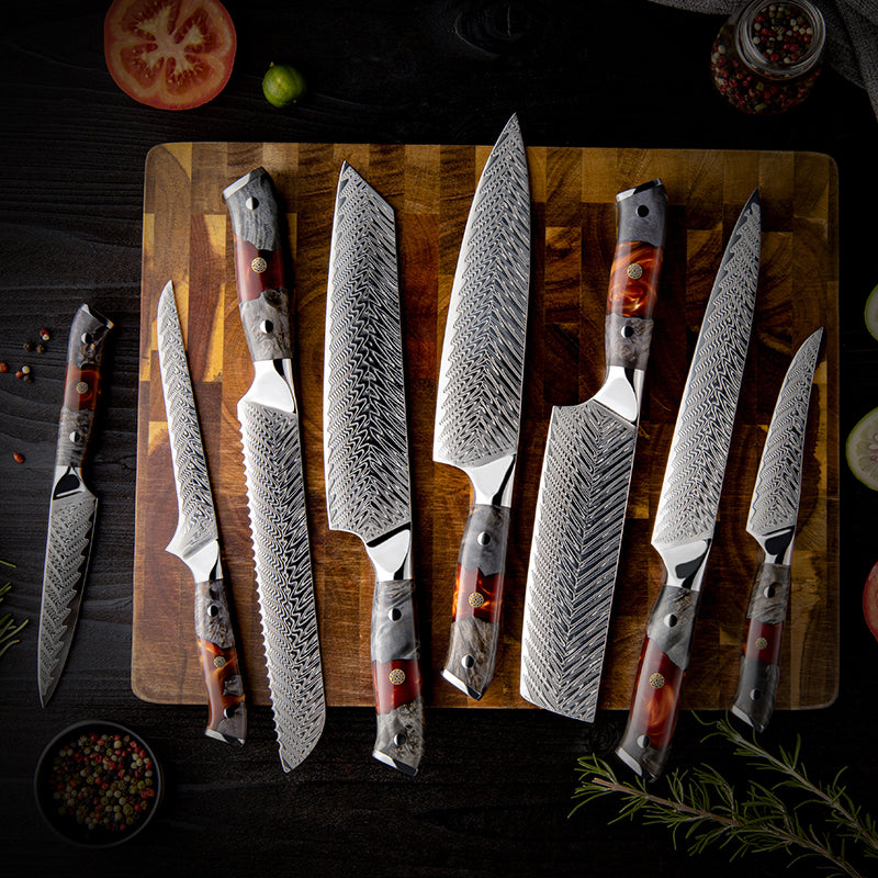 GRANDSHARP Japanisches 9-teiliges Damastmesser-Set CLUSTER | 67-Lagen - Kochschein