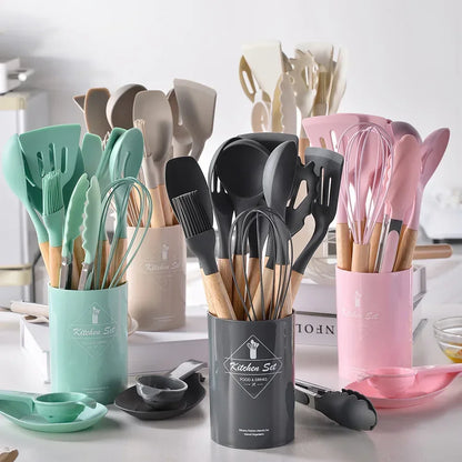 Silikon-Küchenutensilien-Set mit Holzgriffen 12-teilig - Antihaft (5 Farben) - Kochschein