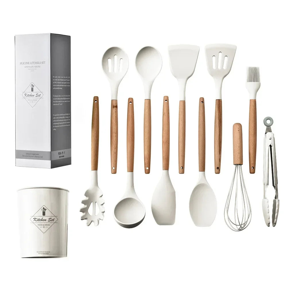 Silikon-Küchenutensilien-Set mit Holzgriffen 12-teilig - Antihaft (5 Farben) - Kochschein