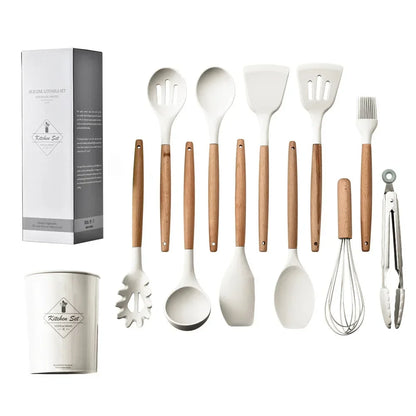 Silikon-Küchenutensilien-Set mit Holzgriffen 12-teilig - Antihaft (5 Farben) - Kochschein