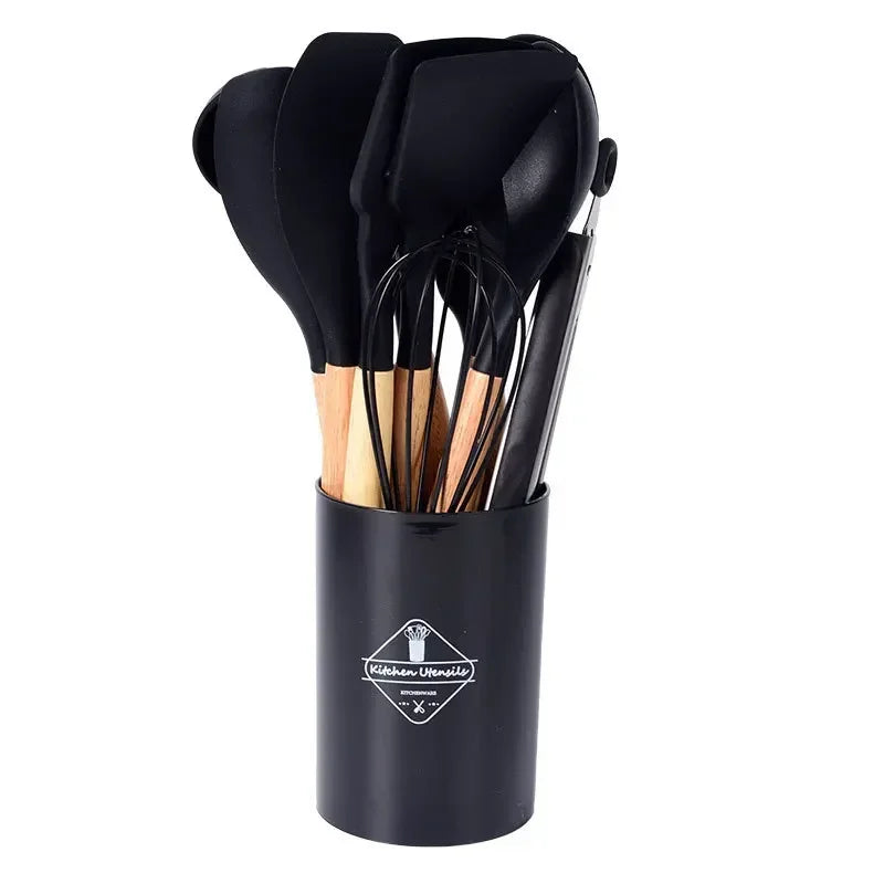 Silikon-Küchenutensilien-Set mit Holzgriffen 12-teilig - Antihaft (Schwarz) - Kochschein