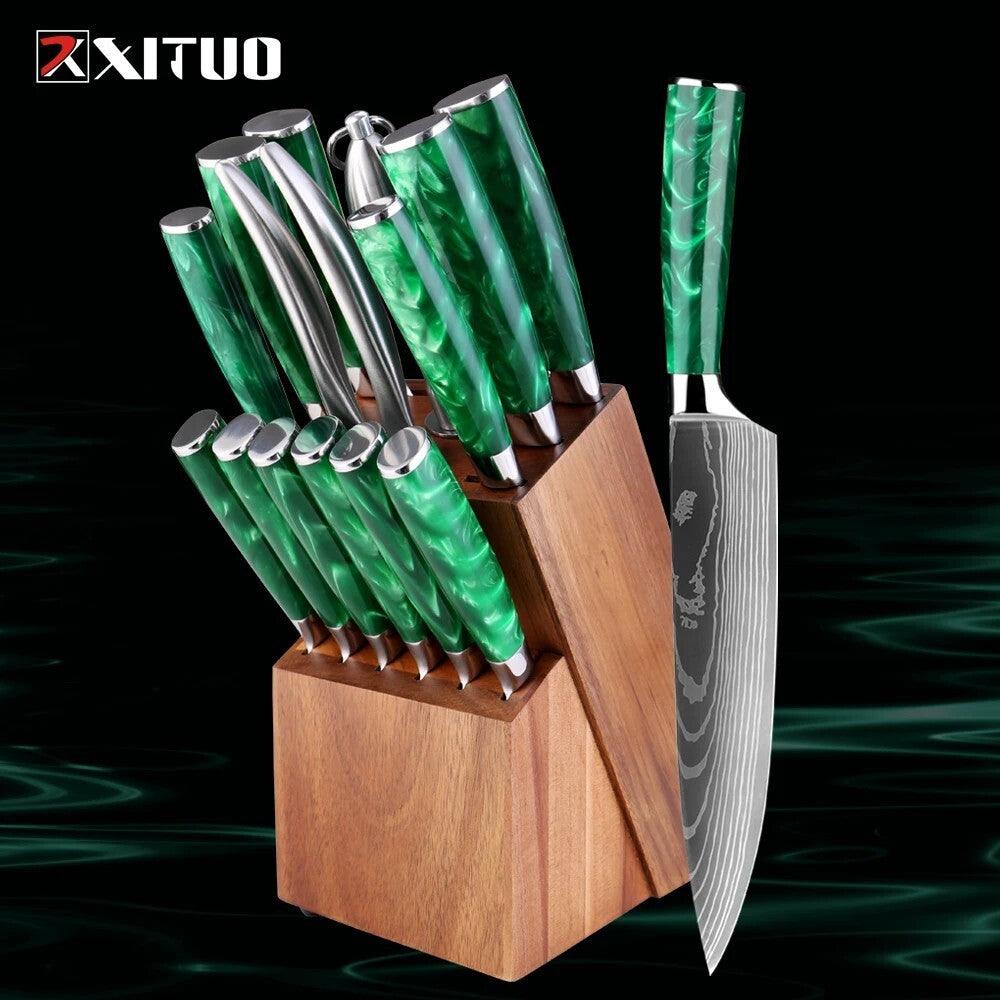 XITUO Japanisches großes Küchenmesser Set - Grün - mit Messerblock aus Holz (15-teilig) - Kochschein